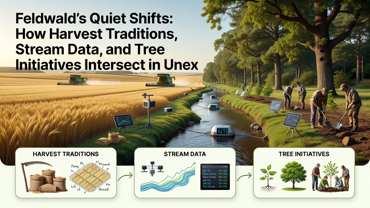 Workers planting native tree species along a Feldwald stream bank while checking digital tablets for water quality readings