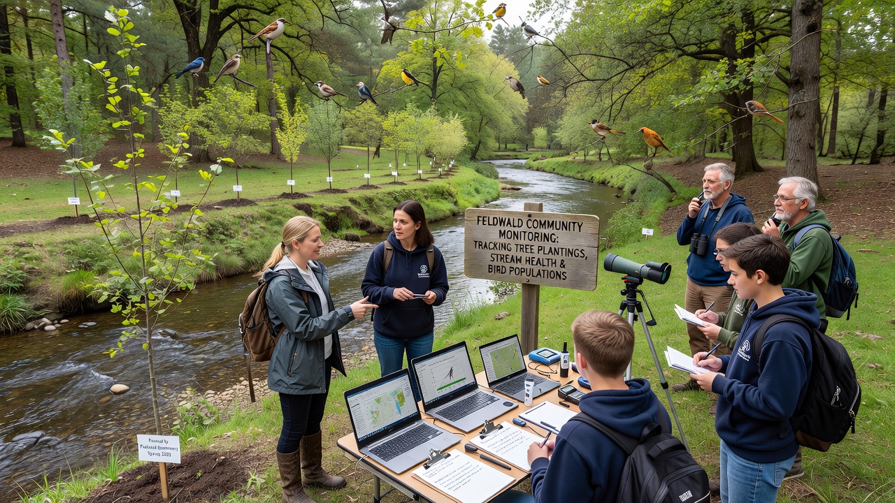 Bird count data sheets and stream monitoring equipment used by Feldwald residents